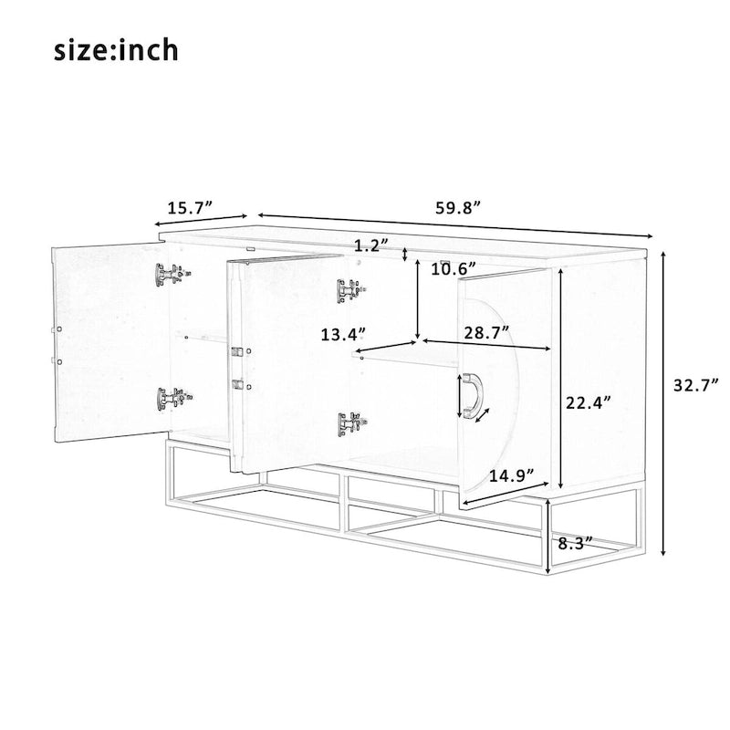 Buffet 4 portes en bois avec poignées métalliques dorées et étagères réglables, beige