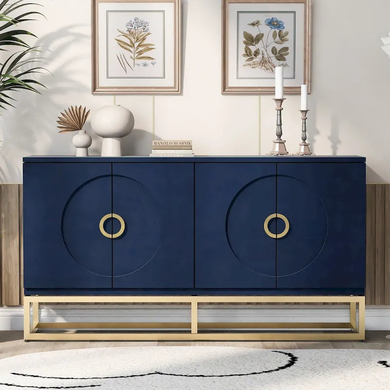 Buffet 4 portes en bois avec poignées métalliques dorées et étagères réglables, beige