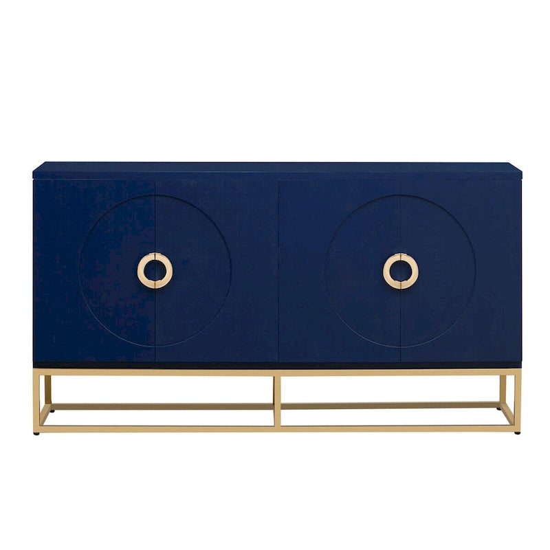 Buffet 4 portes en bois avec poignées métalliques dorées et étagères réglables, beige