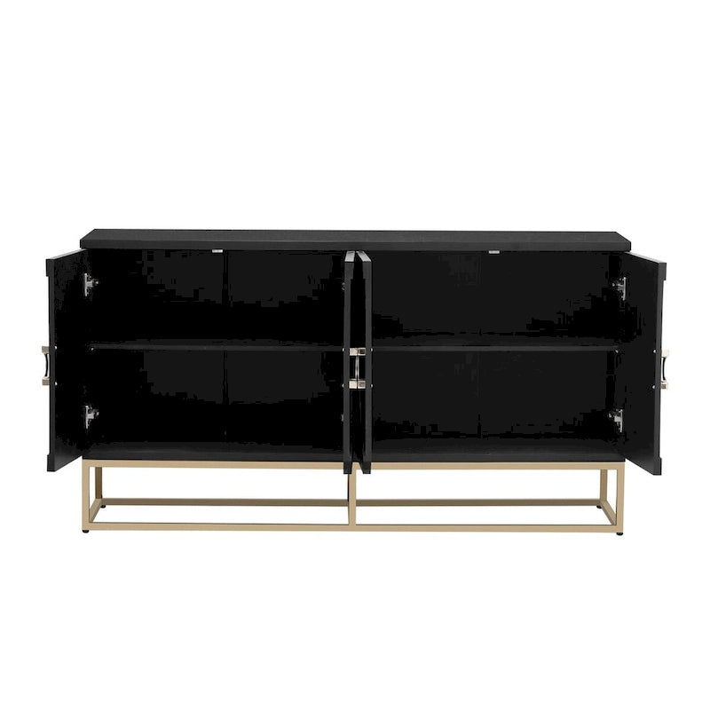 Buffet 4 portes en bois avec poignées métalliques dorées et étagères réglables, beige