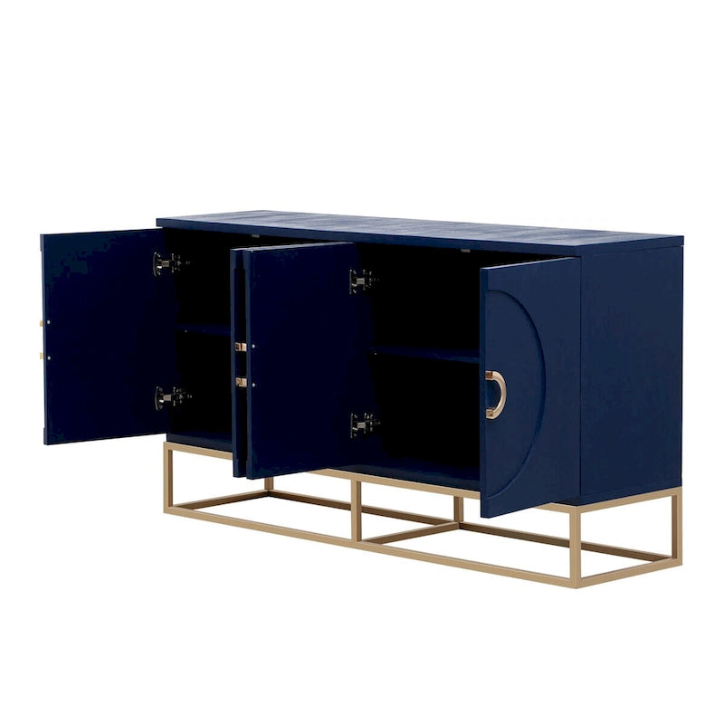 Buffet 4 portes en bois avec poignées métalliques dorées et étagères réglables, beige