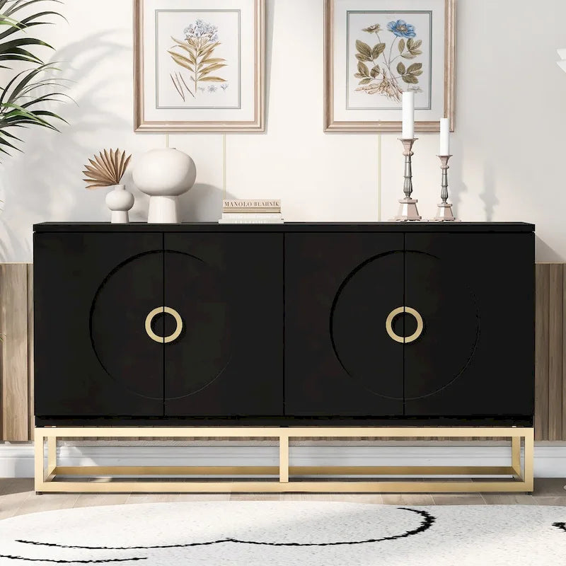 Buffet 4 portes en bois avec poignées métalliques dorées et étagères réglables, beige
