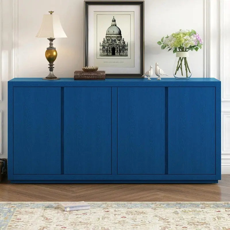 Buffet de rangement à quatre portes bleu marine et noir en MDF avec étagères réglables