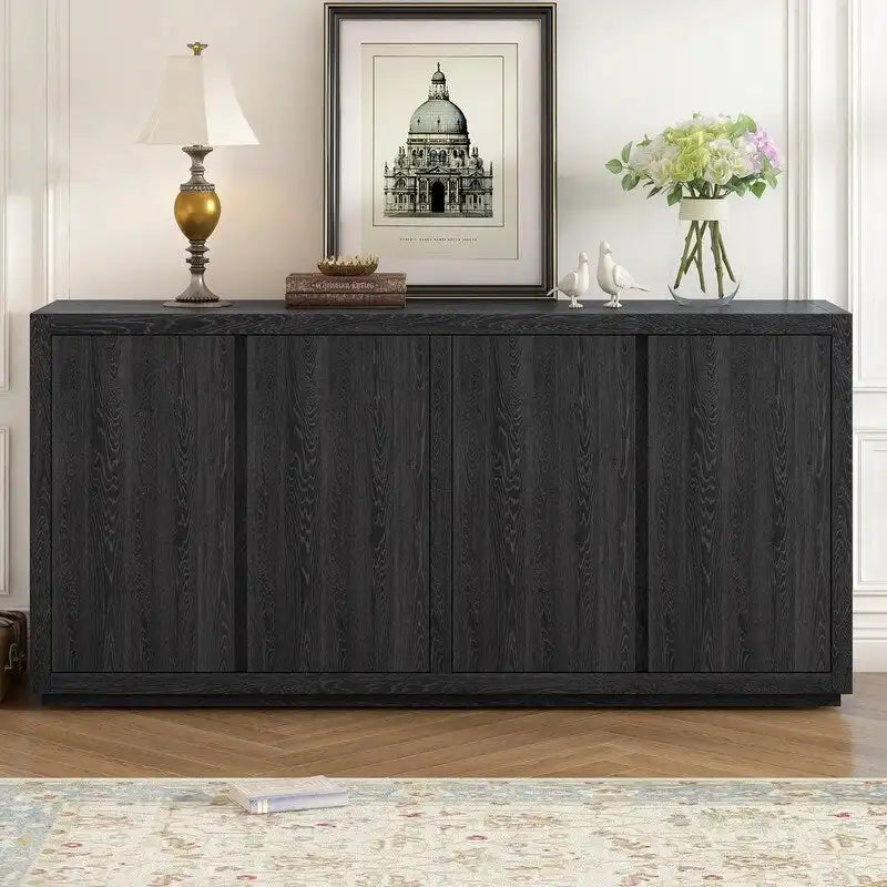 Buffet de rangement à quatre portes bleu marine et noir en MDF avec étagères réglables