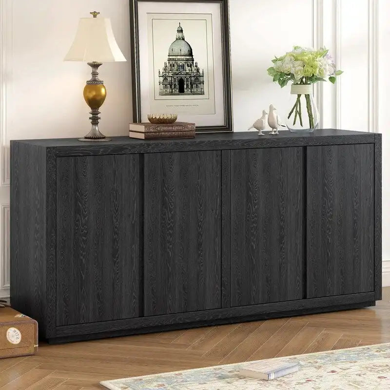 Buffet de rangement à quatre portes bleu marine et noir en MDF avec étagères réglables
