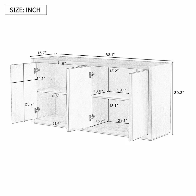 Buffet de rangement à quatre portes bleu marine et noir en MDF avec étagères réglables