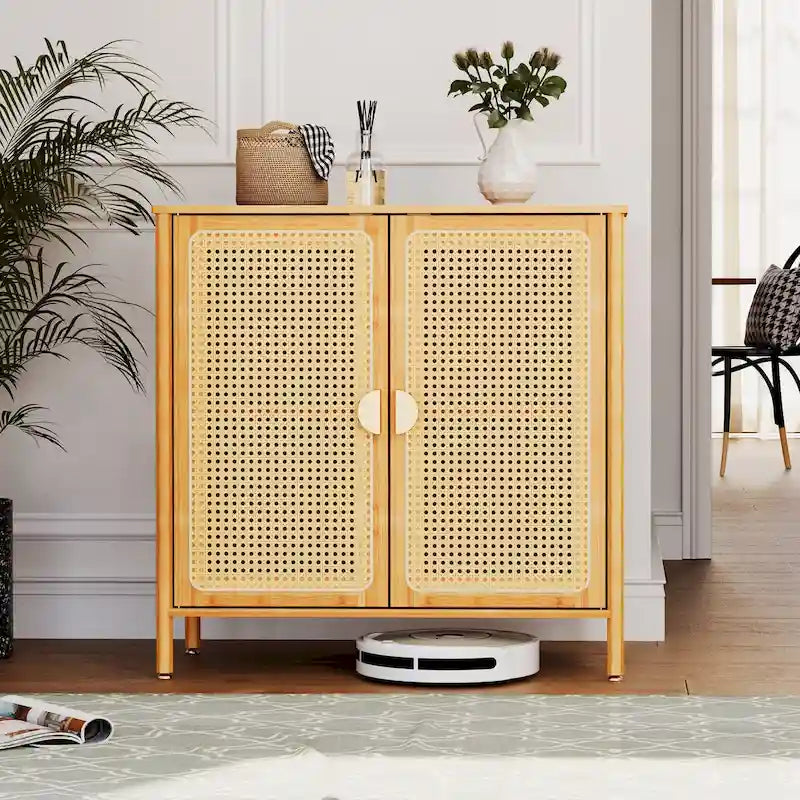 Bahut d'appoint de style bohème en rotin et bambou naturel avec portes