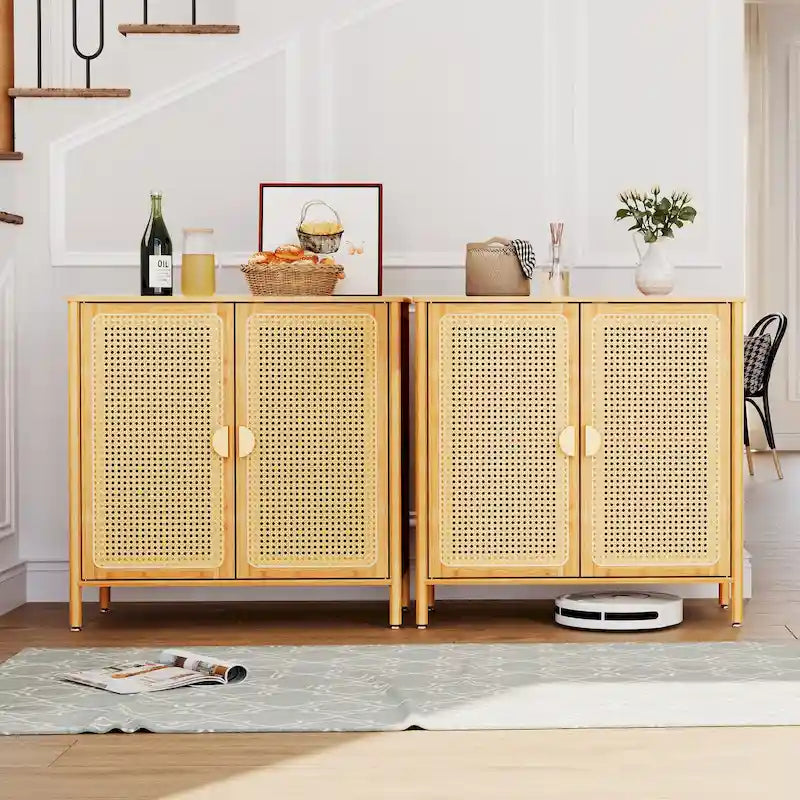Bahut d'appoint de style bohème en rotin et bambou naturel avec portes