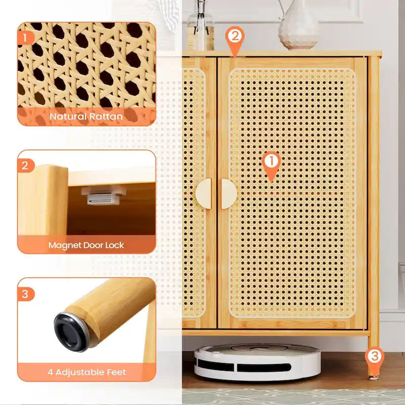Bahut d'appoint de style bohème en rotin et bambou naturel avec portes