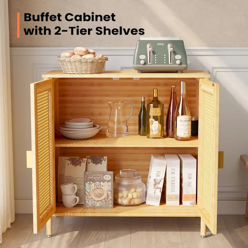 Bahut d'appoint de style bohème en rotin et bambou naturel avec portes