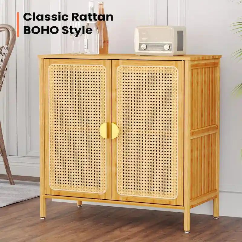 Bahut d'appoint de style bohème en rotin et bambou naturel avec portes