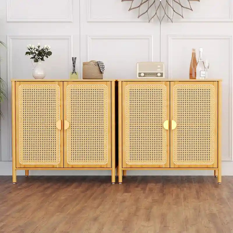 Bahut d'appoint de style bohème en rotin et bambou naturel avec portes