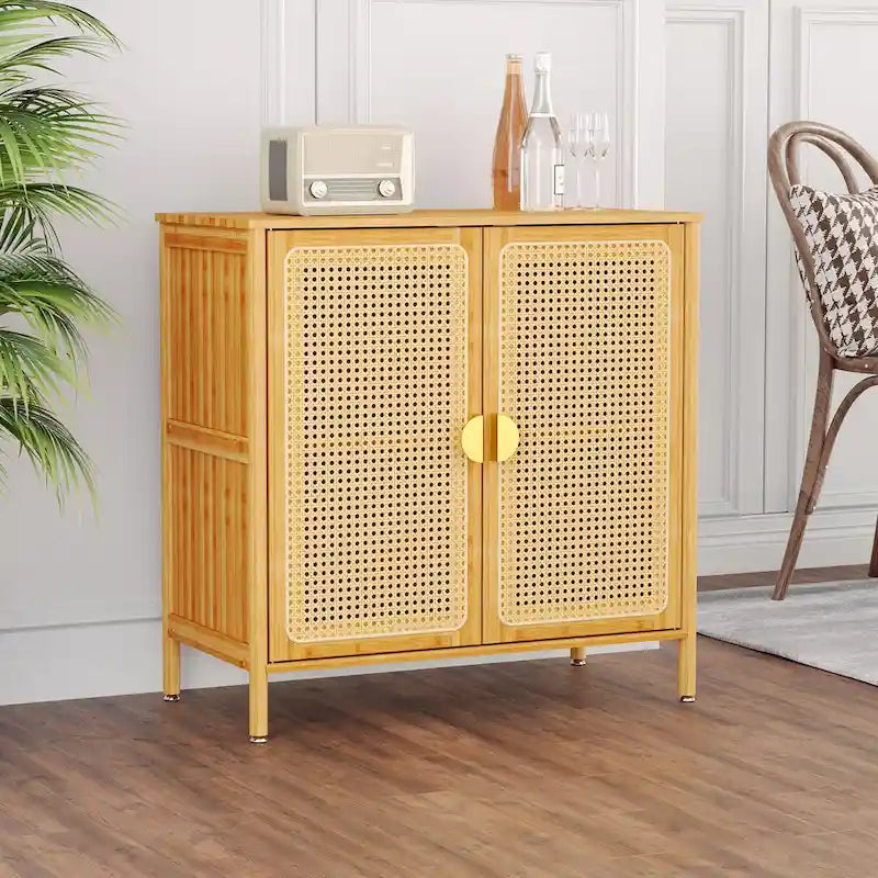 Bahut d'appoint de style bohème en rotin et bambou naturel avec portes