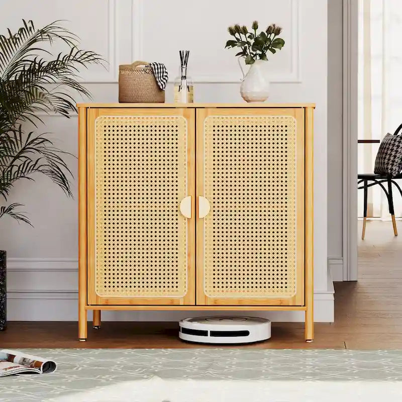 Bahut d'appoint de style bohème en rotin et bambou naturel avec portes