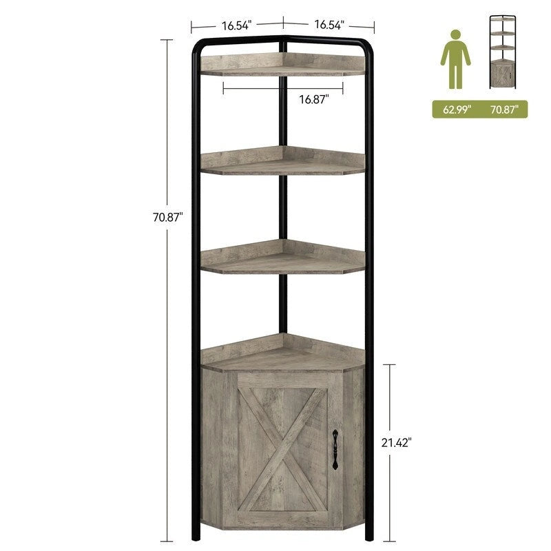 Étagère d'angle industrielle grise avec armoire X Bibliothèque ouverte avec porte de grange