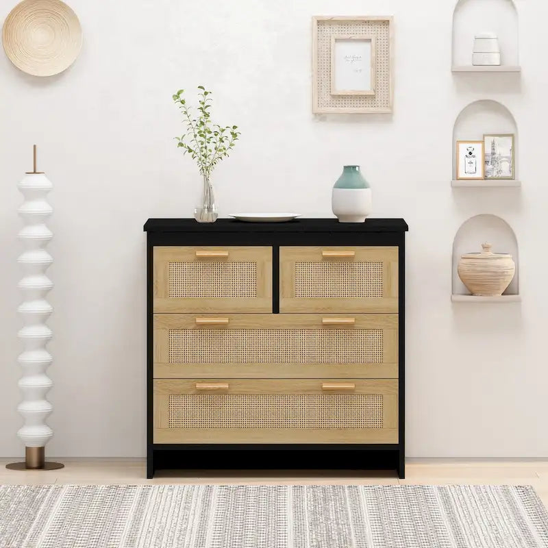 Commode de rangement noire en rotin naturel à 4 tiroirs avec glissières lisses