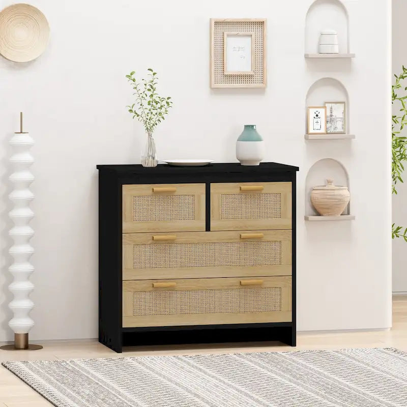 Commode de rangement noire en rotin naturel à 4 tiroirs avec glissières lisses