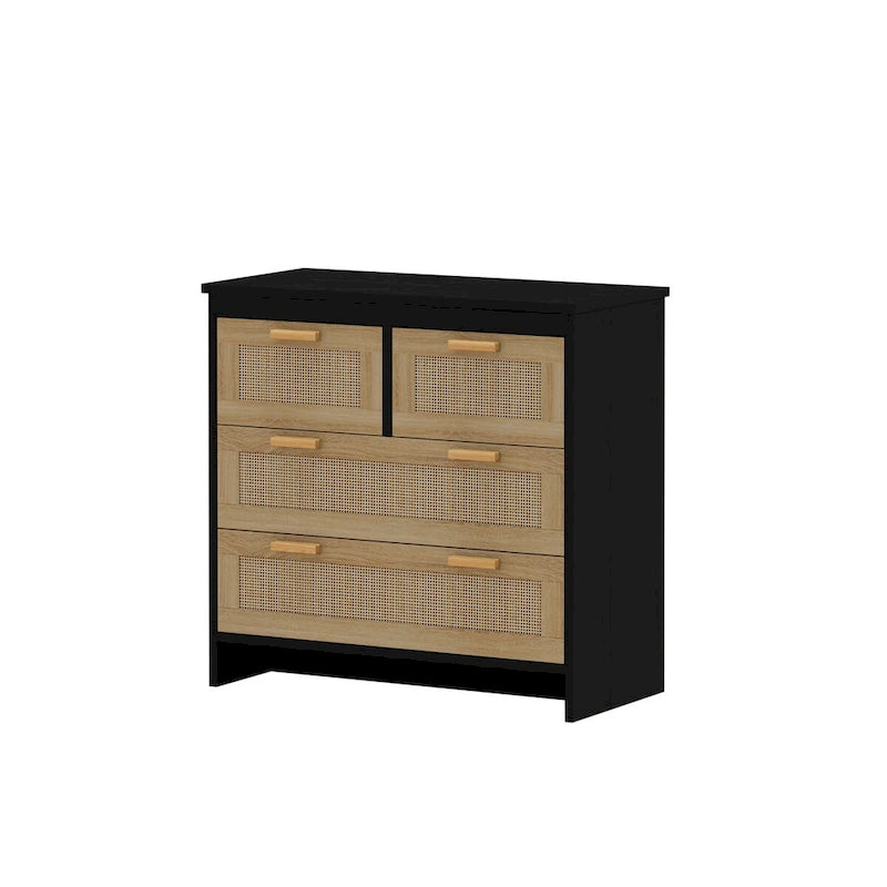 Commode de rangement noire en rotin naturel à 4 tiroirs avec glissières lisses