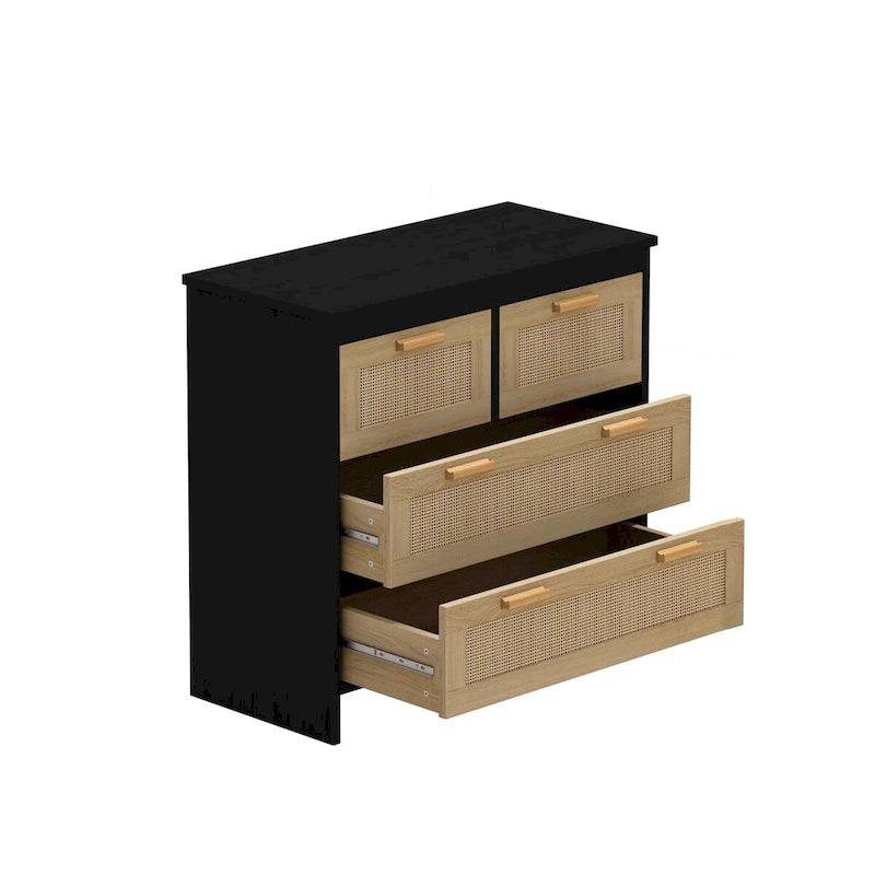 Commode de rangement noire en rotin naturel à 4 tiroirs avec glissières lisses