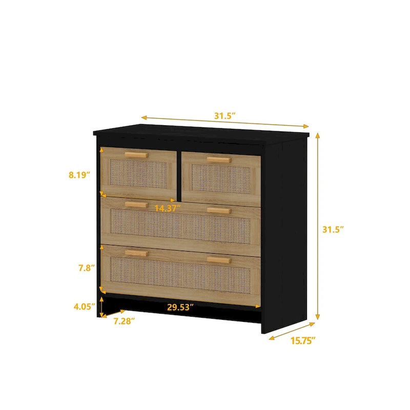 Commode de rangement noire en rotin naturel à 4 tiroirs avec glissières lisses