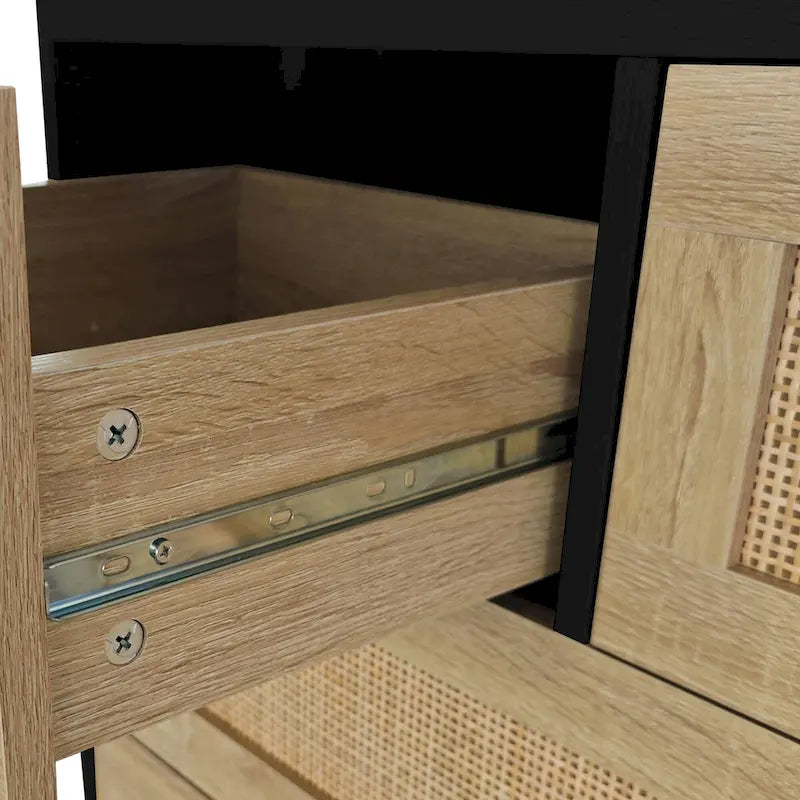 Commode de rangement noire en rotin naturel à 4 tiroirs avec glissières lisses
