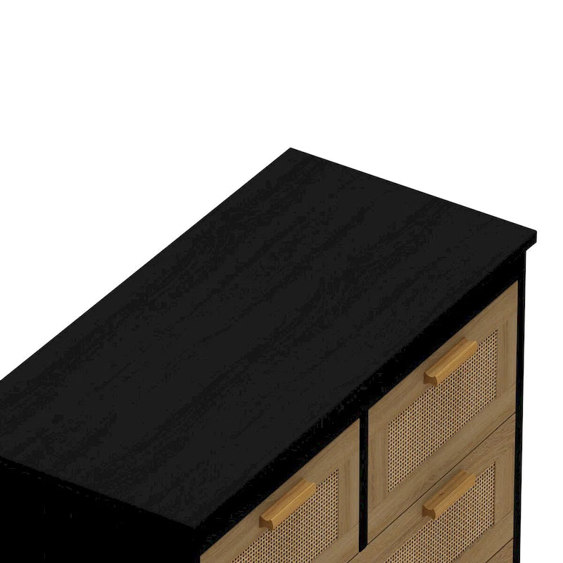 Commode de rangement noire en rotin naturel à 4 tiroirs avec glissières lisses