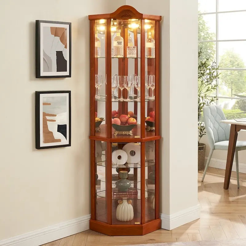 Vitrine d'angle Curio avec portes vitrées Éclairage intégré Étagères réglables Chêne Cerisier