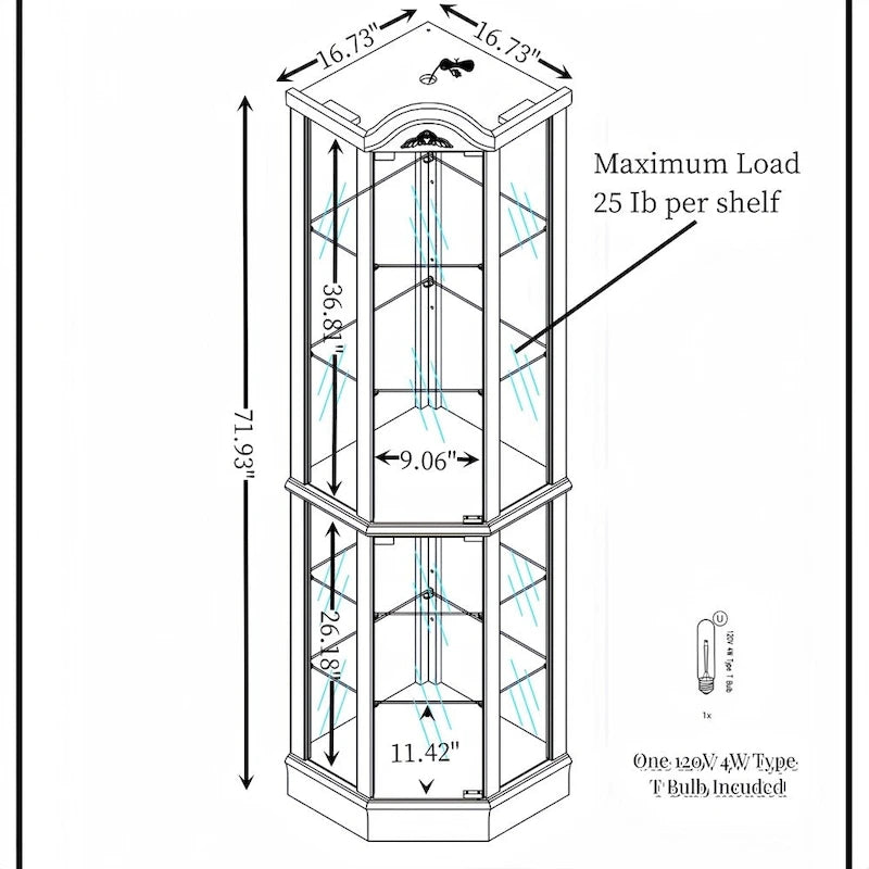Vitrine d'angle Curio avec portes vitrées Éclairage intégré Étagères réglables Chêne Cerisier
