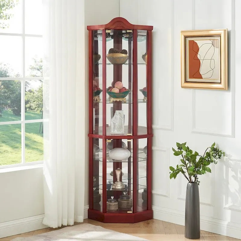 Vitrine d'angle Curio avec portes vitrées Éclairage intégré Étagères réglables Chêne Cerisier