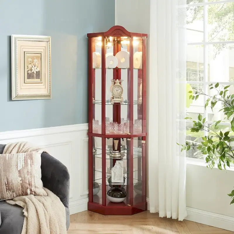 Vitrine d'angle Curio avec portes vitrées Éclairage intégré Étagères réglables Chêne Cerisier
