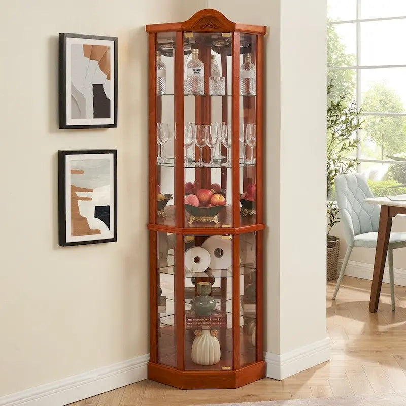 Vitrine d'angle Curio avec portes vitrées Éclairage intégré Étagères réglables Chêne Cerisier