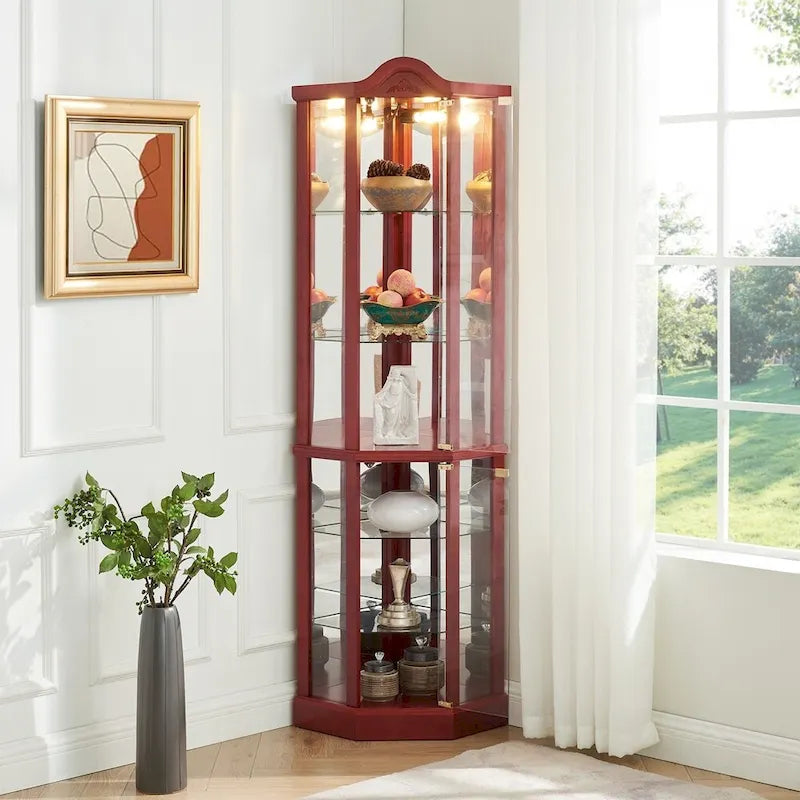 Vitrine d'angle Curio avec portes vitrées Éclairage intégré Étagères réglables Chêne Cerisier