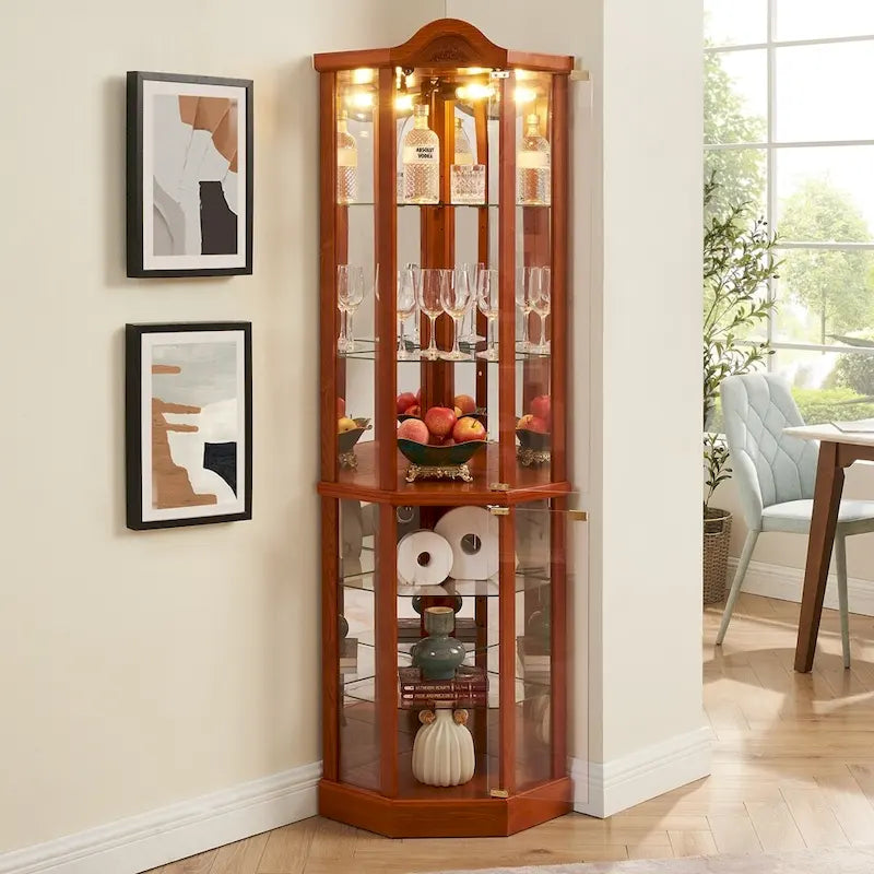 Vitrine d'angle Curio avec portes vitrées Éclairage intégré Étagères réglables Chêne Cerisier