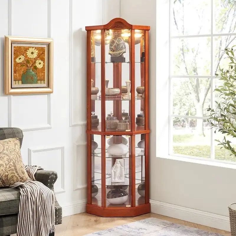 Vitrine d'angle Curio avec portes vitrées Éclairage intégré Étagères réglables Chêne Cerisier