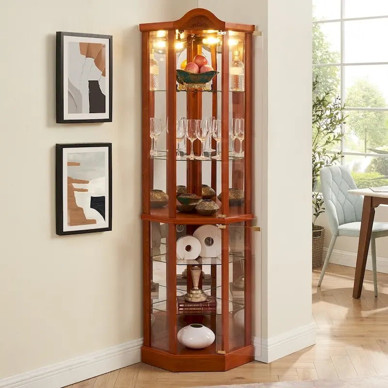 Vitrine d'angle Curio avec portes vitrées Éclairage intégré Étagères réglables Chêne Cerisier