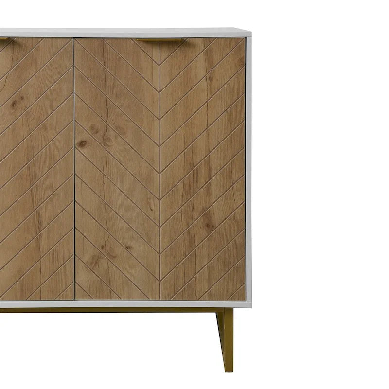Buffet à portes doubles à chevrons en bois blanc avec base dorée
