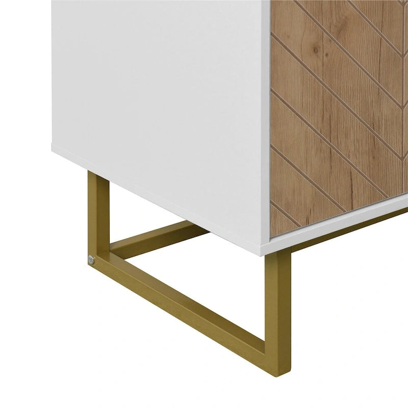 Buffet à portes doubles à chevrons en bois blanc avec base dorée