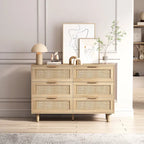 Commode à 6 tiroirs en rotin et bois naturel - Meuble de rangement style bohème pour chambre à coucher