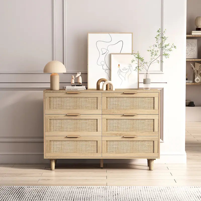 Commode à 6 tiroirs en rotin et bois naturel - Meuble de rangement style bohème pour chambre à coucher