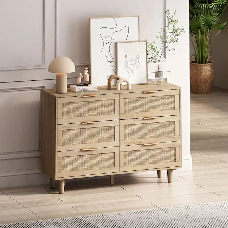 Commode à 6 tiroirs en rotin et bois naturel - Meuble de rangement style bohème pour chambre à coucher