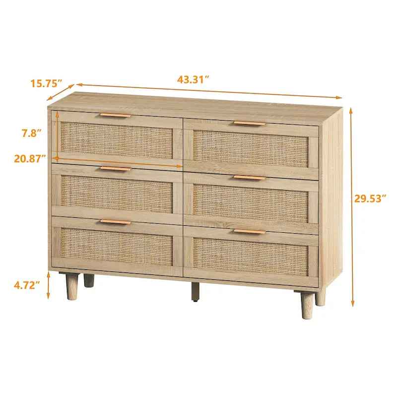 Commode à 6 tiroirs en rotin et bois naturel - Meuble de rangement style bohème pour chambre à coucher