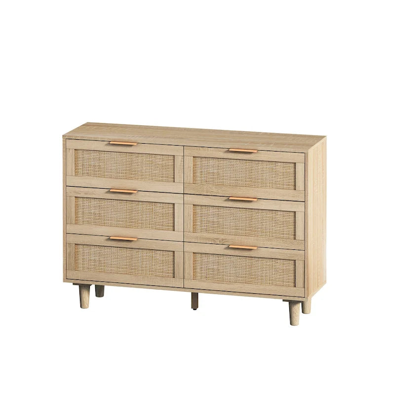 Commode à 6 tiroirs en rotin et bois naturel - Meuble de rangement style bohème pour chambre à coucher