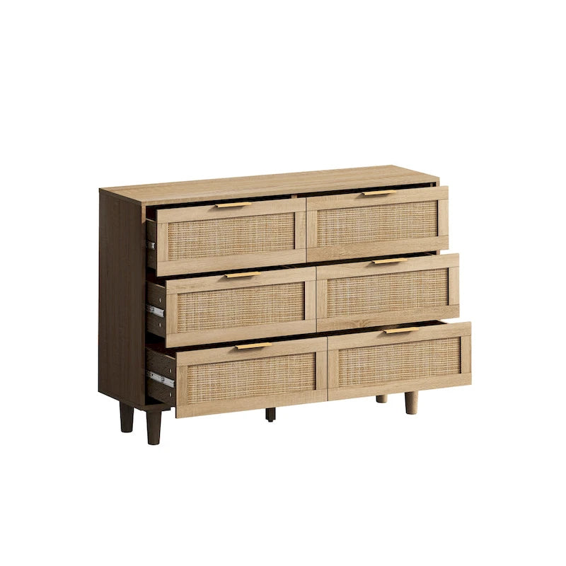 Commode à 6 tiroirs en rotin et bois naturel - Meuble de rangement style bohème pour chambre à coucher