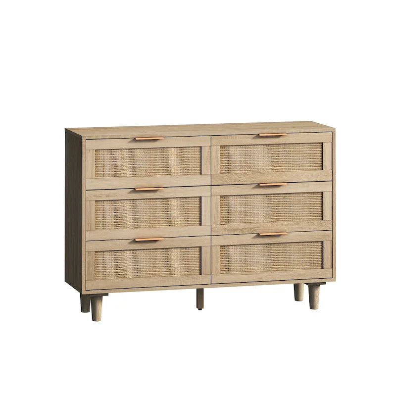 Commode à 6 tiroirs en rotin et bois naturel - Meuble de rangement style bohème pour chambre à coucher