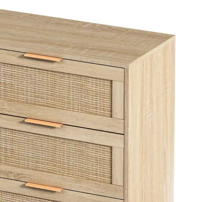 Commode à 6 tiroirs en rotin et bois naturel - Meuble de rangement style bohème pour chambre à coucher