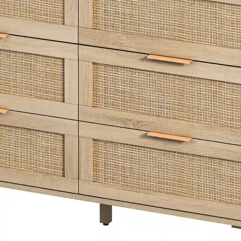 Commode à 6 tiroirs en rotin et bois naturel - Meuble de rangement style bohème pour chambre à coucher