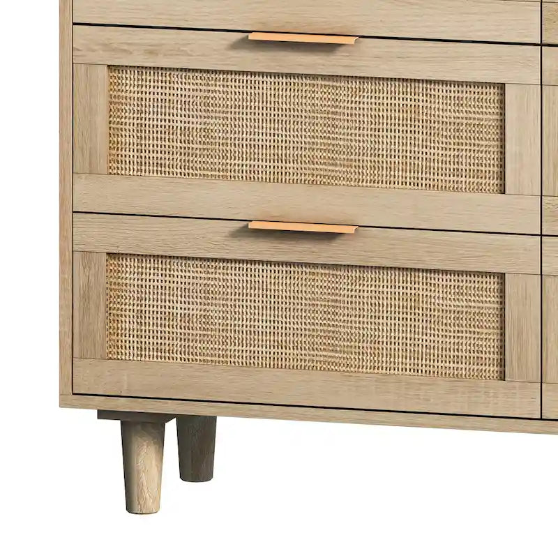 Commode à 6 tiroirs en rotin et bois naturel - Meuble de rangement style bohème pour chambre à coucher