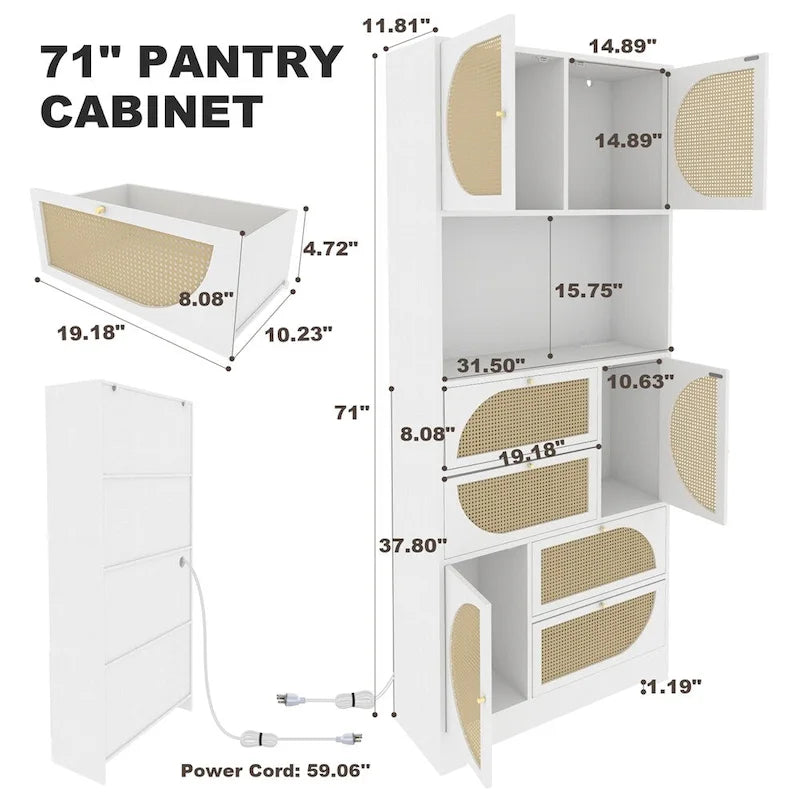 Armoire de rangement haute autonome avec portes et tiroirs en rotin Blanc