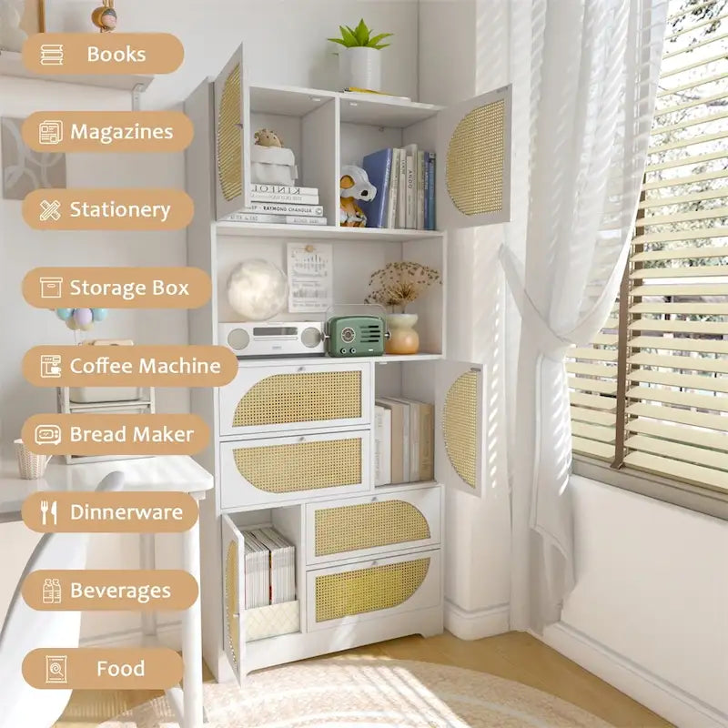 Armoire de rangement haute autonome avec portes et tiroirs en rotin Blanc