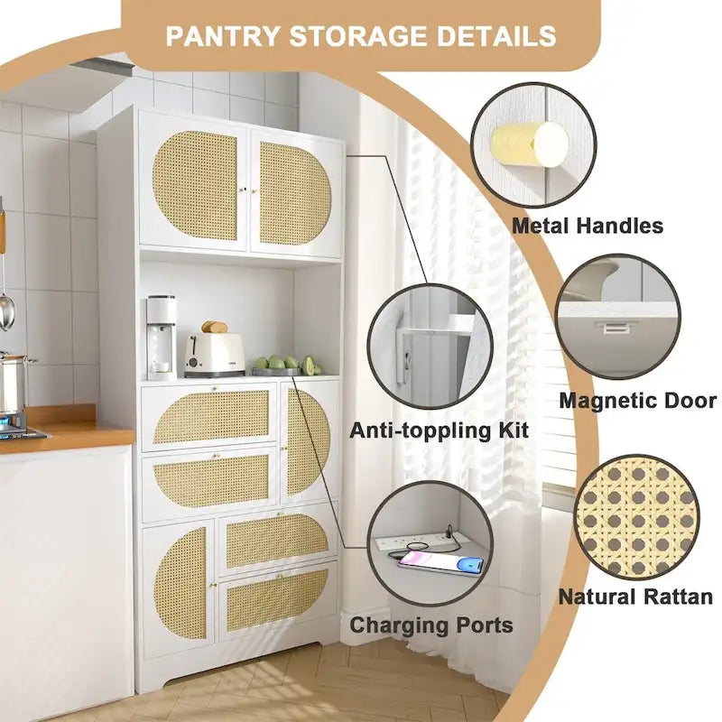 Armoire de rangement haute autonome avec portes et tiroirs en rotin Blanc